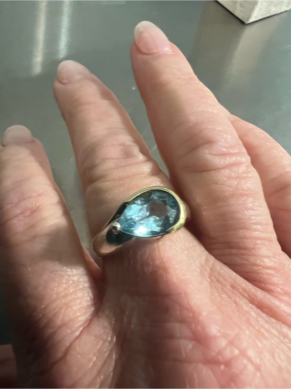 Sterling Silver Pear-Cut Blue Topaz Ring - Light Blue w/Gold Over Sterling Rim - Picture 3 of 5